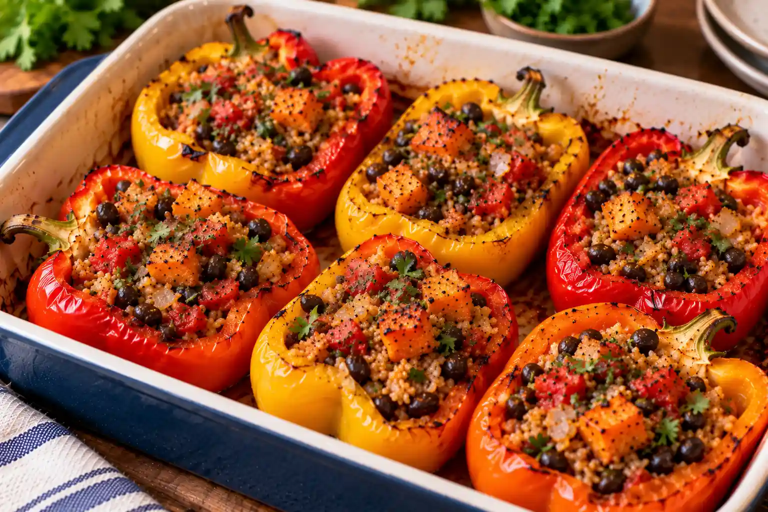 Six roasted red, yellow, and orange bell pepper halves filled with brown rice, black beans, sweet potato, tomatoes, onions, and fresh herbs in a blue-and-white baking dish.