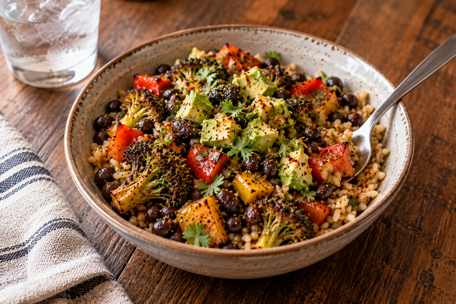 Black Bean and Vegetable Grain Bowl with brown rice, seasoned black beans, roasted vegetables, avocado, and cilantro