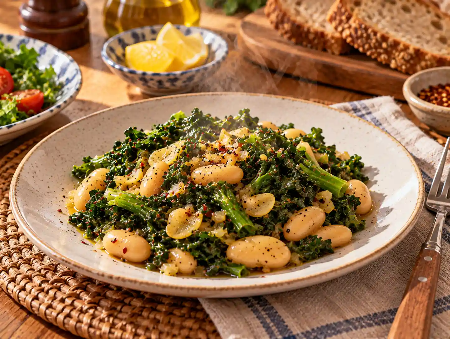Garlic Sautéed Greens with White Beans
