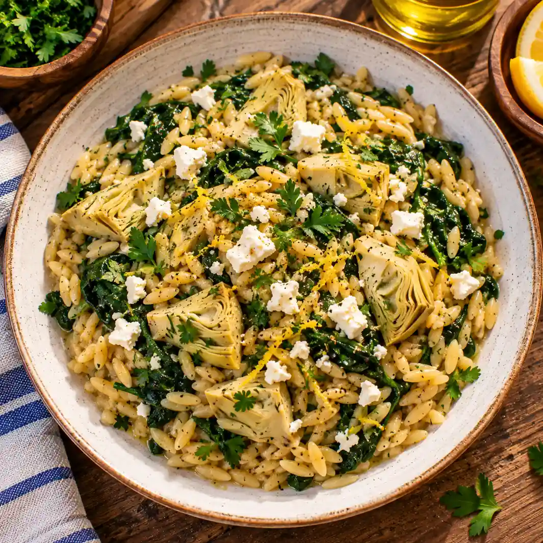 Mediterranean Orzo with Spinach, Artichokes and Lemon