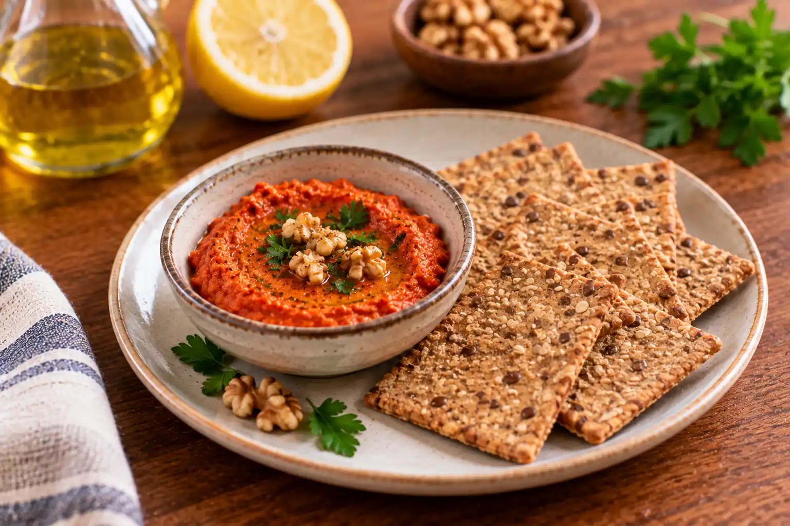 Roasted Red Pepper and Walnut Dip with Whole-Grain Crackers