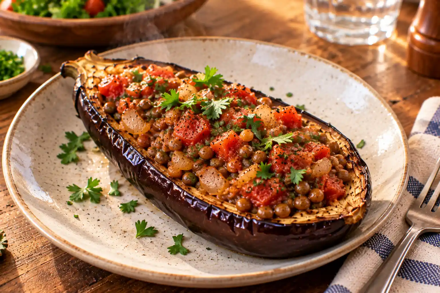 Stuffed Eggplant with Lentils, Tomatoes and Herbs