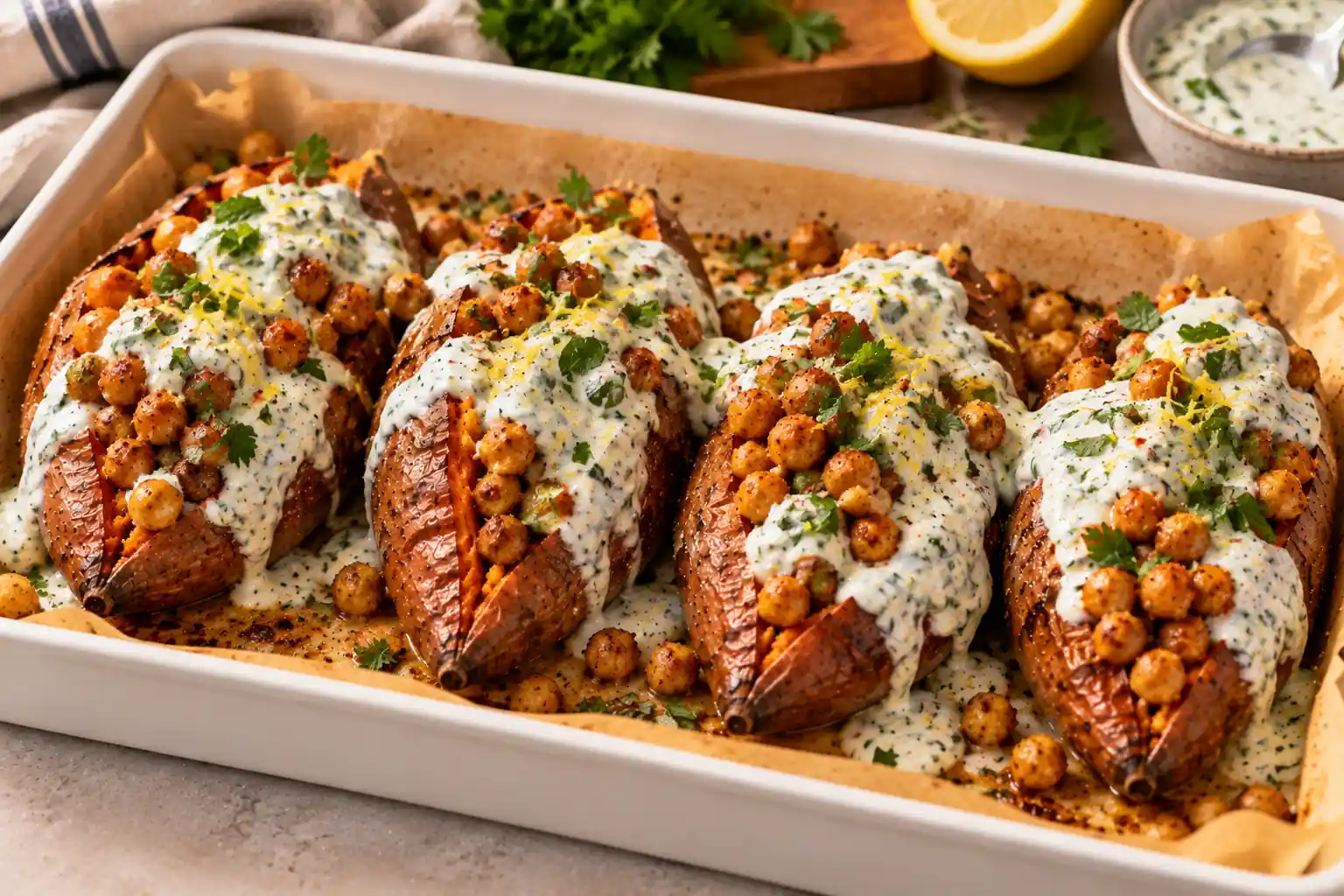 Stuffed Sweet Potatoes with Spiced Chickpeas