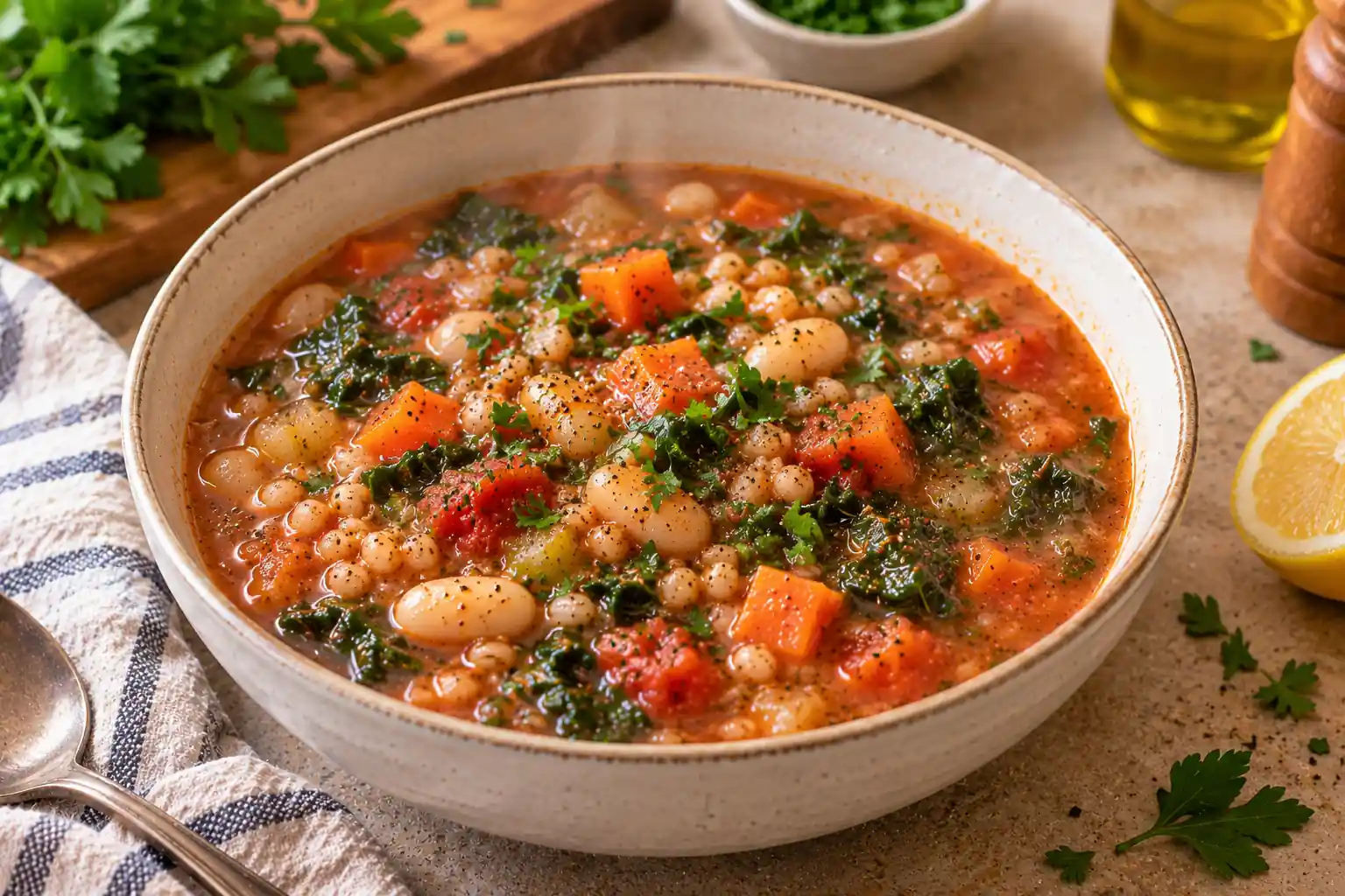 A bowl of hearty tomato-based white bean and barley soup with carrots, tomatoes, leafy greens, and fresh parsley on a kitchen table