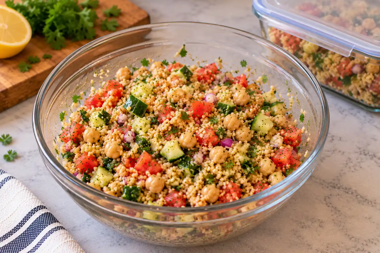 Bulgur and Chickpea Bowl with bulgur, chickpeas, cucumber, tomatoes, red onion, and fresh parsley in a glass bowl