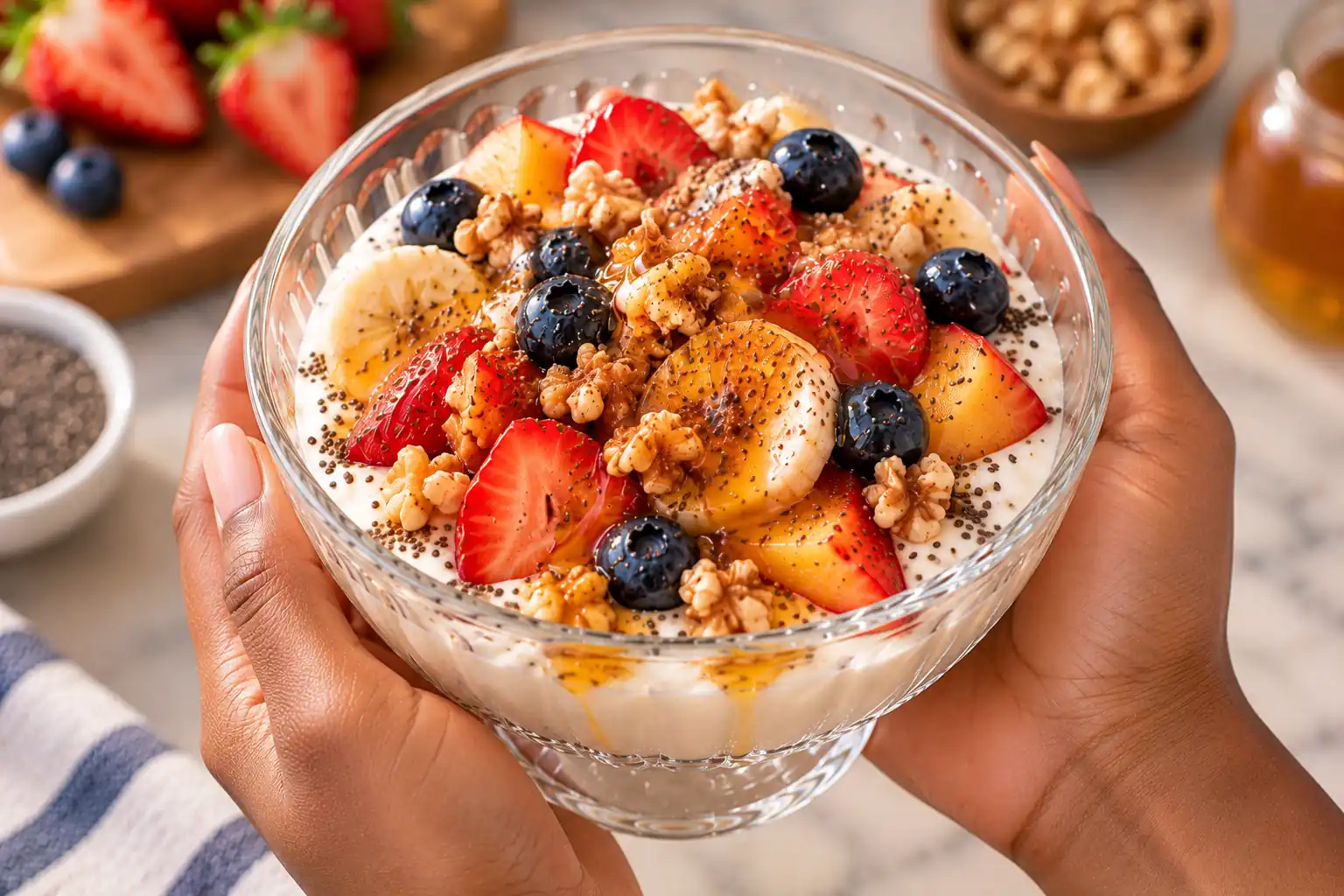 Greek Yogurt with Fresh Fruit and Nuts served in a glass bowl with honey drizzle