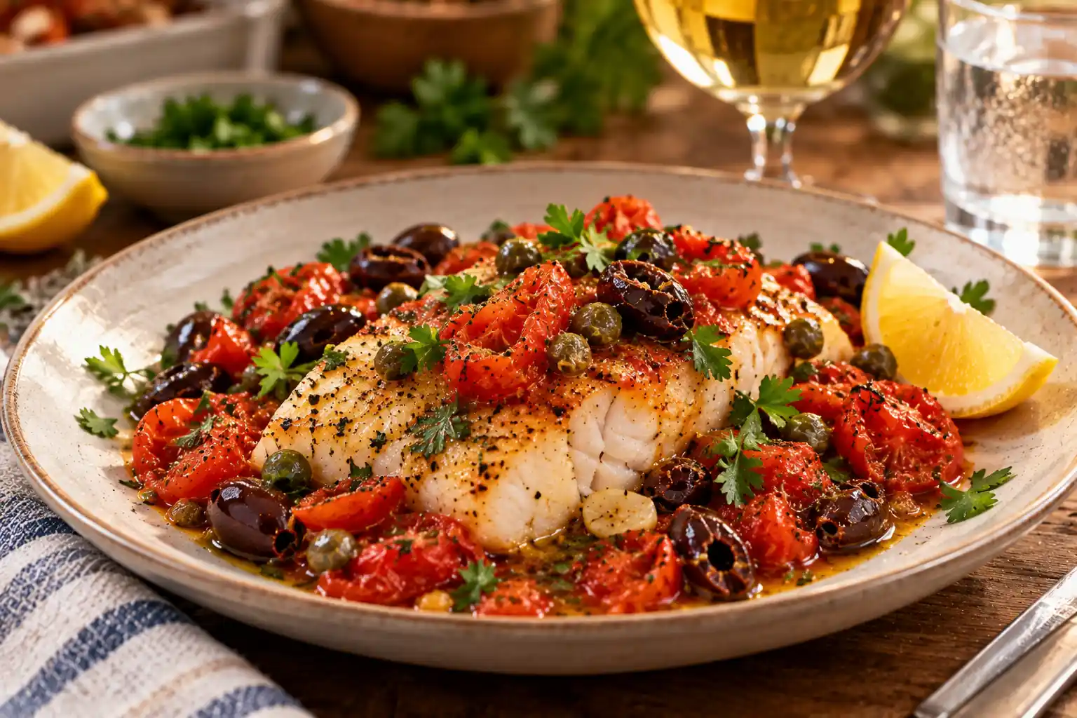 Mediterranean Baked Cod with Tomatoes, Olives and Capers