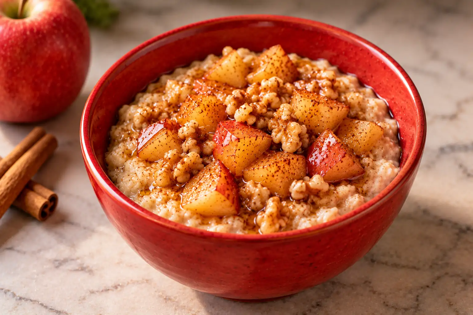 Warm Cinnamon Apple and Oat Bowl topped with cinnamon apples and walnuts