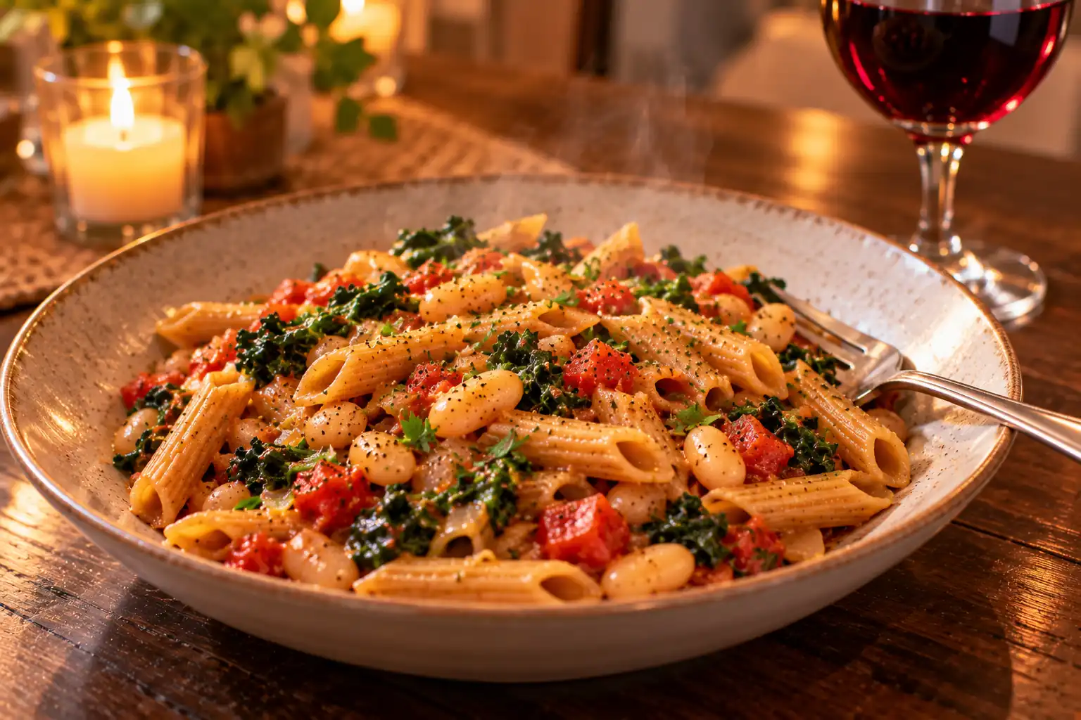Whole-Grain Pasta with Tomatoes, Greens and Beans served warm with fresh herbs and red wine
