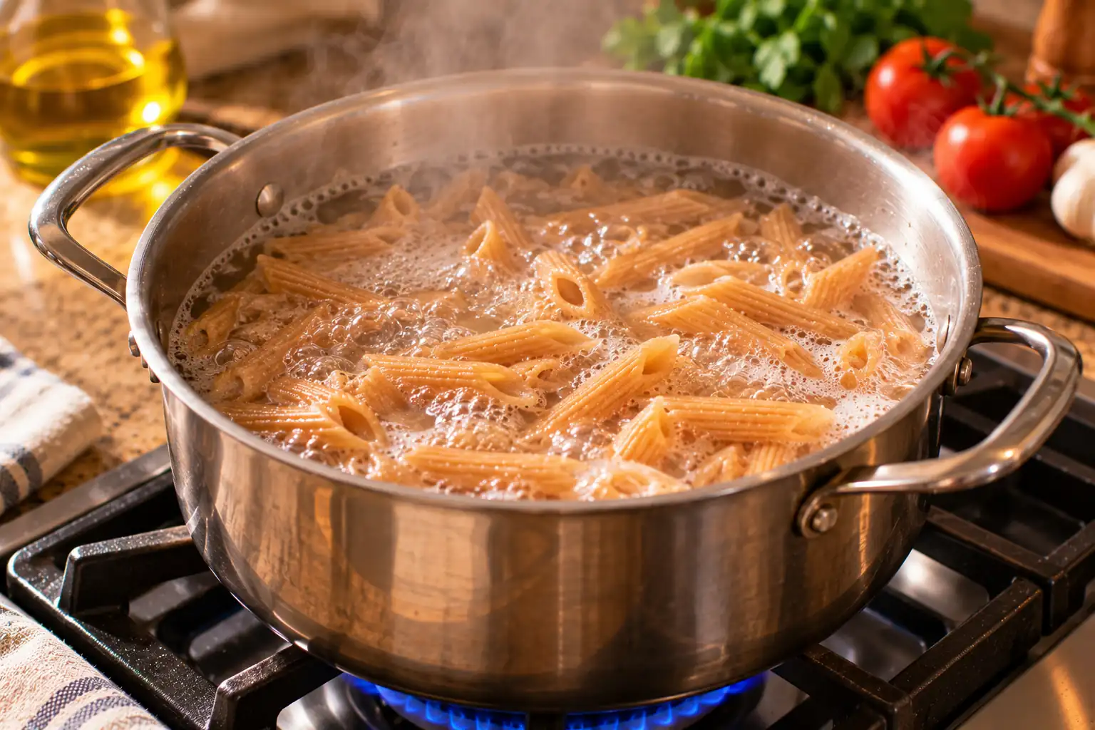 Step 1 of Whole-Grain Pasta with Tomatoes, Greens and Beans