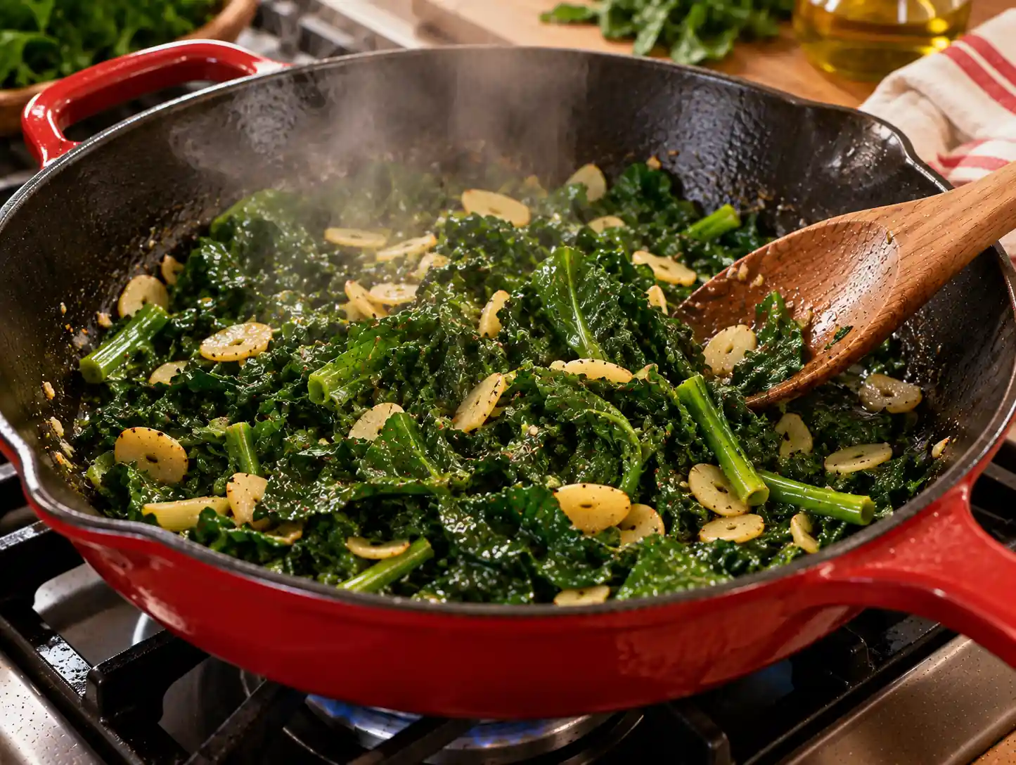Step 2 of Garlic Sautéed Greens with White Beans