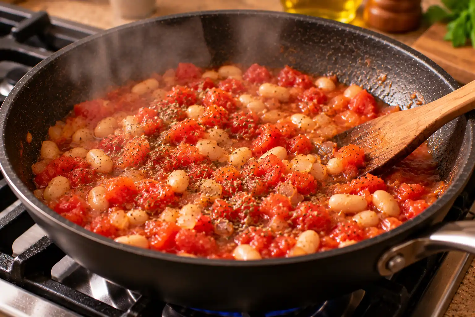 Step 4 of Whole-Grain Pasta with Tomatoes, Greens and Beans