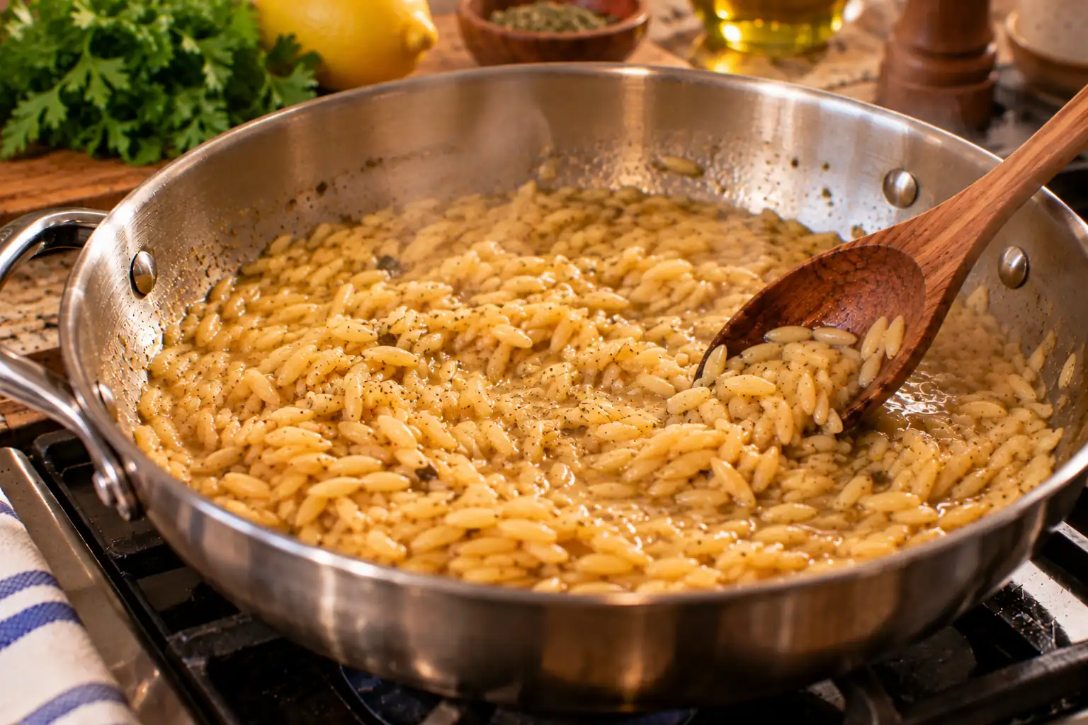 Step 4 of Mediterranean Orzo with Spinach, Artichokes and Lemon