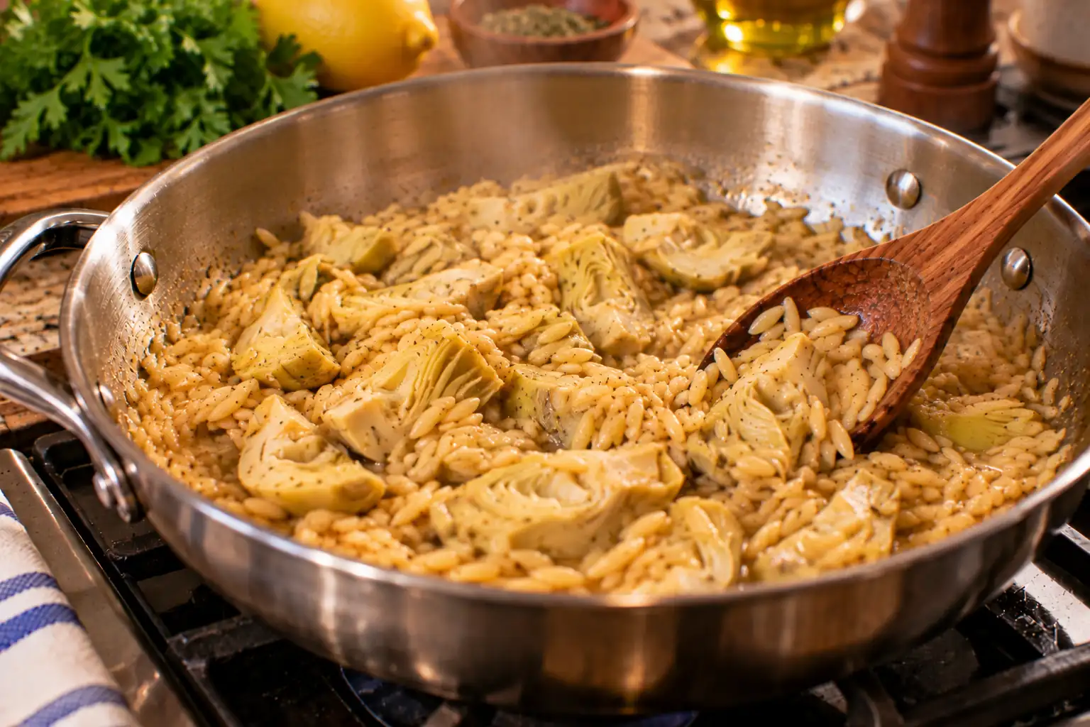 Step 5 of Mediterranean Orzo with Spinach, Artichokes and Lemon