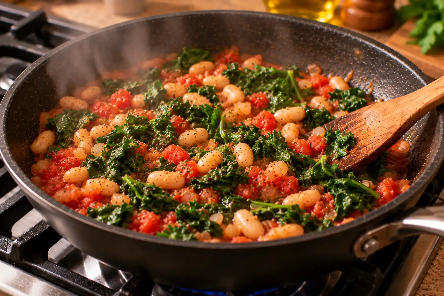Step 5 of Whole-Grain Pasta with Tomatoes, Greens and Beans