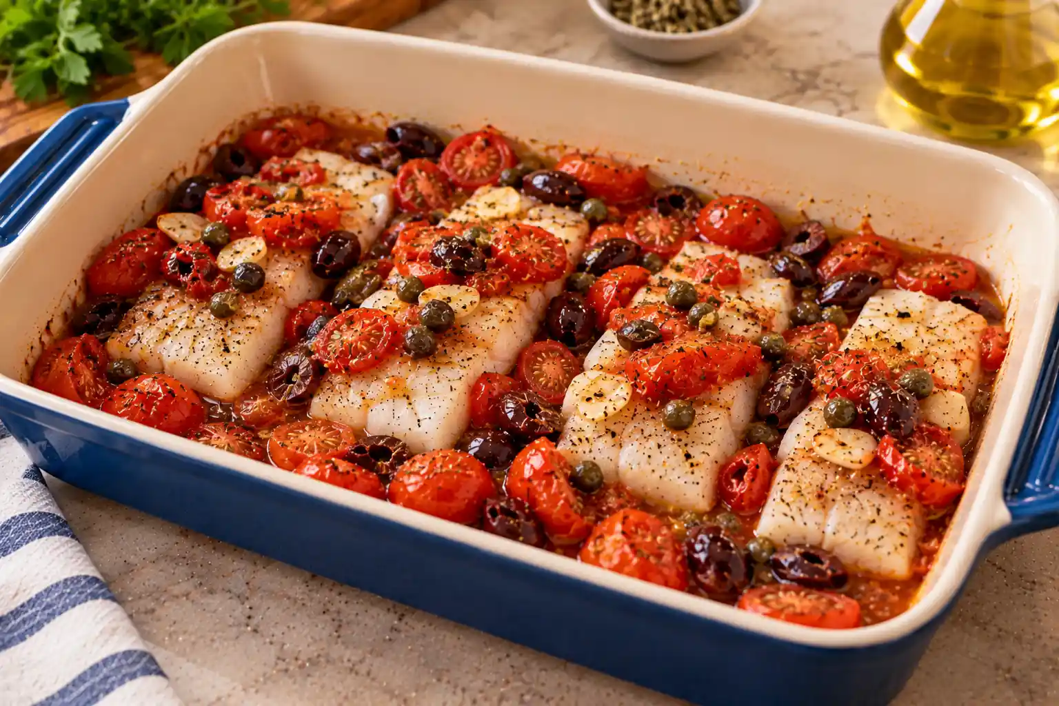 Step 5 of Mediterranean Baked Cod with Tomatoes, Olives and Capers
