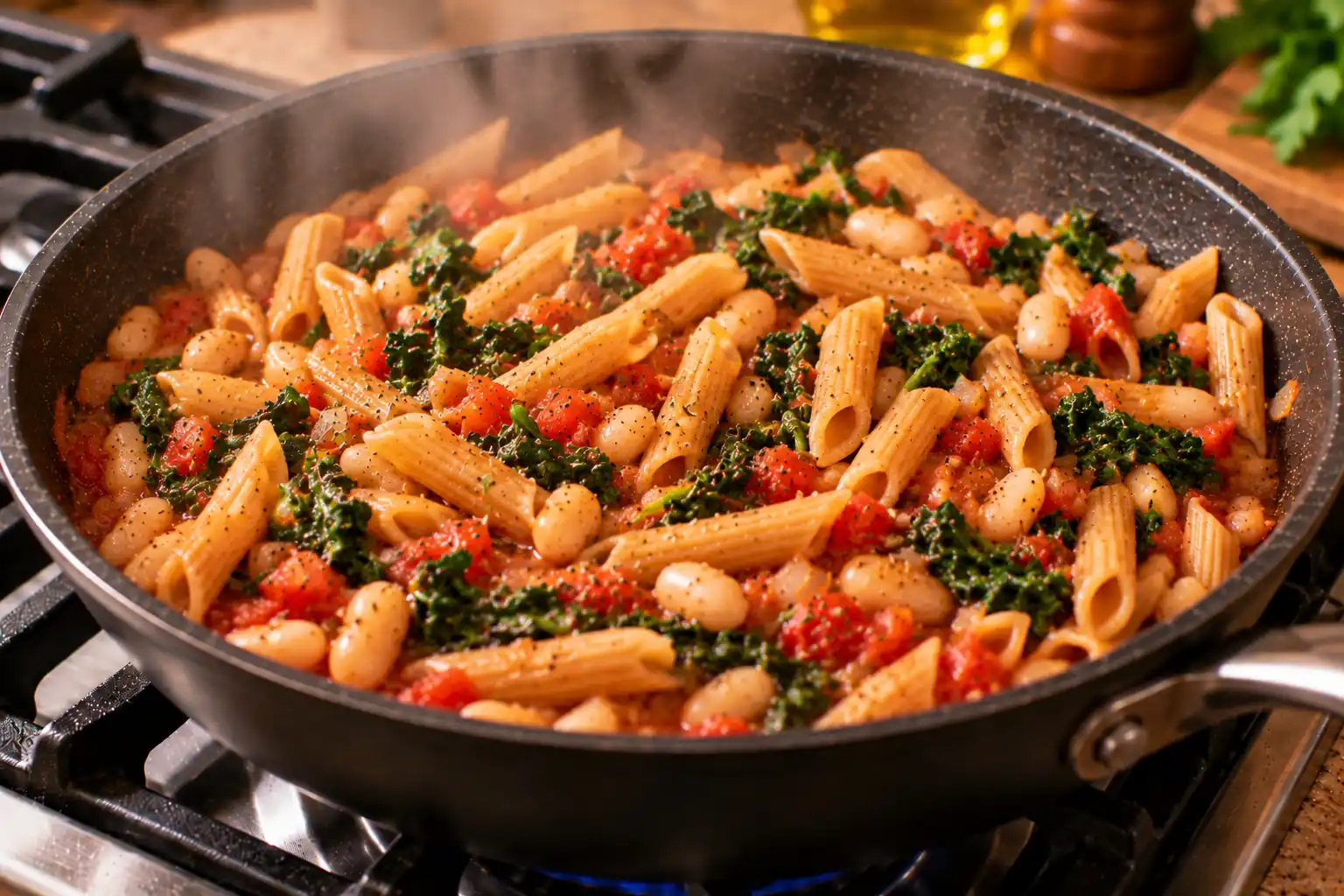 Step 6 of Whole-Grain Pasta with Tomatoes, Greens and Beans