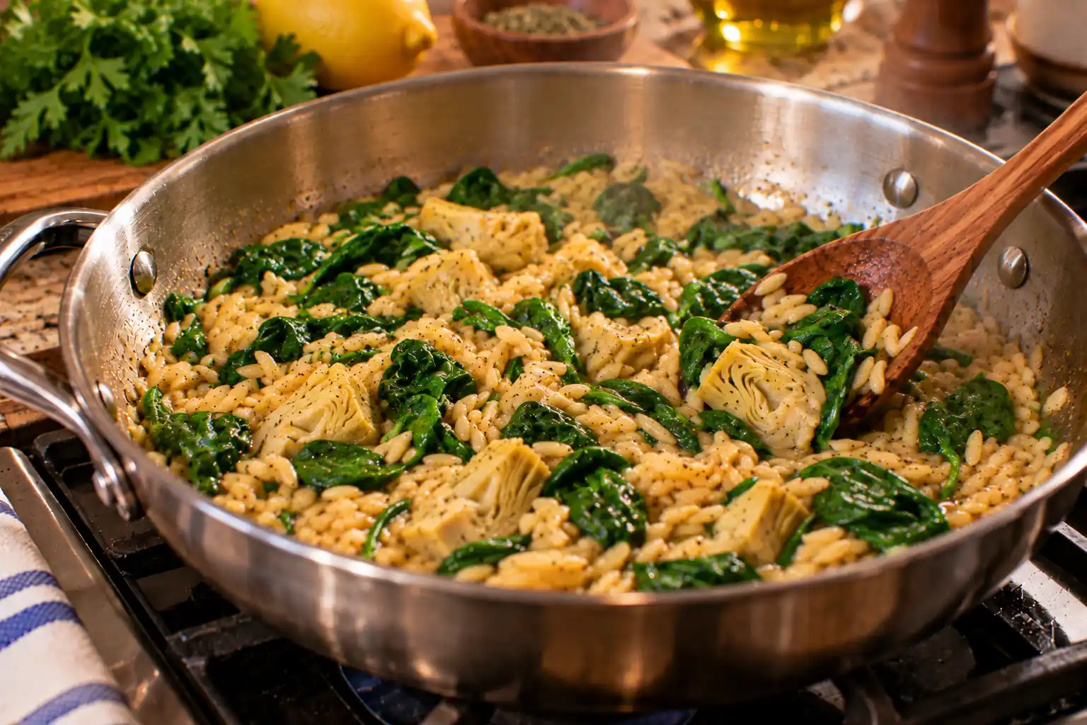 Step 6 of Mediterranean Orzo with Spinach, Artichokes and Lemon