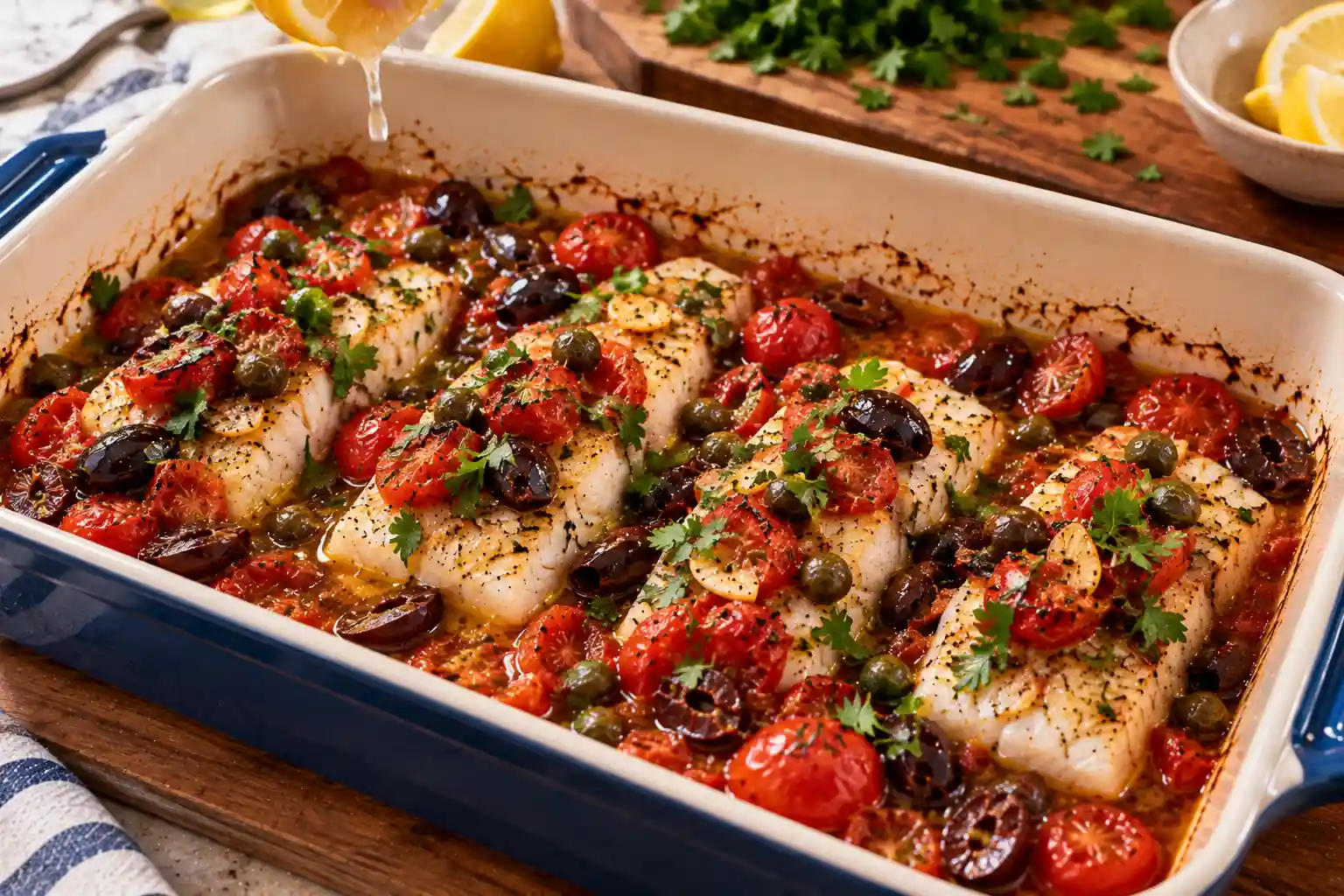 Step 7 of Mediterranean Baked Cod with Tomatoes, Olives and Capers