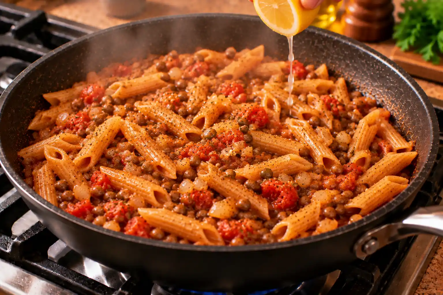 Step 7 of Lentil and Tomato Pasta