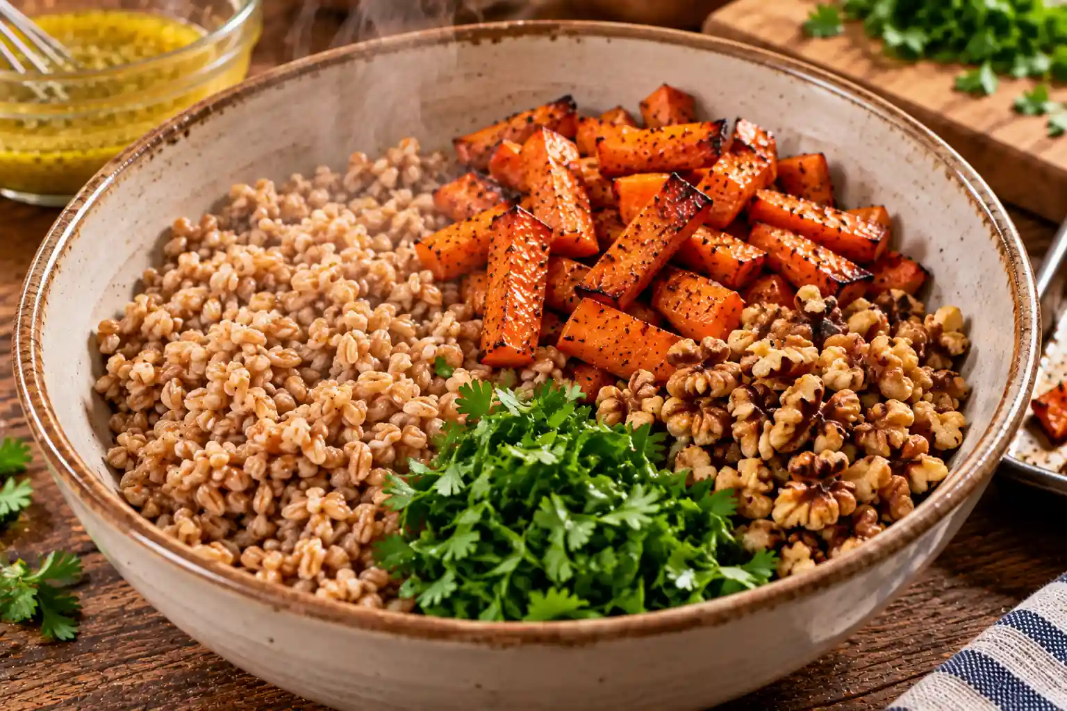 Step 7 of Warm Farro Salad with Roasted Carrots and Walnuts