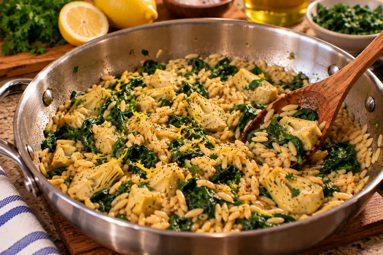 Step 7 of Mediterranean Orzo with Spinach, Artichokes and Lemon