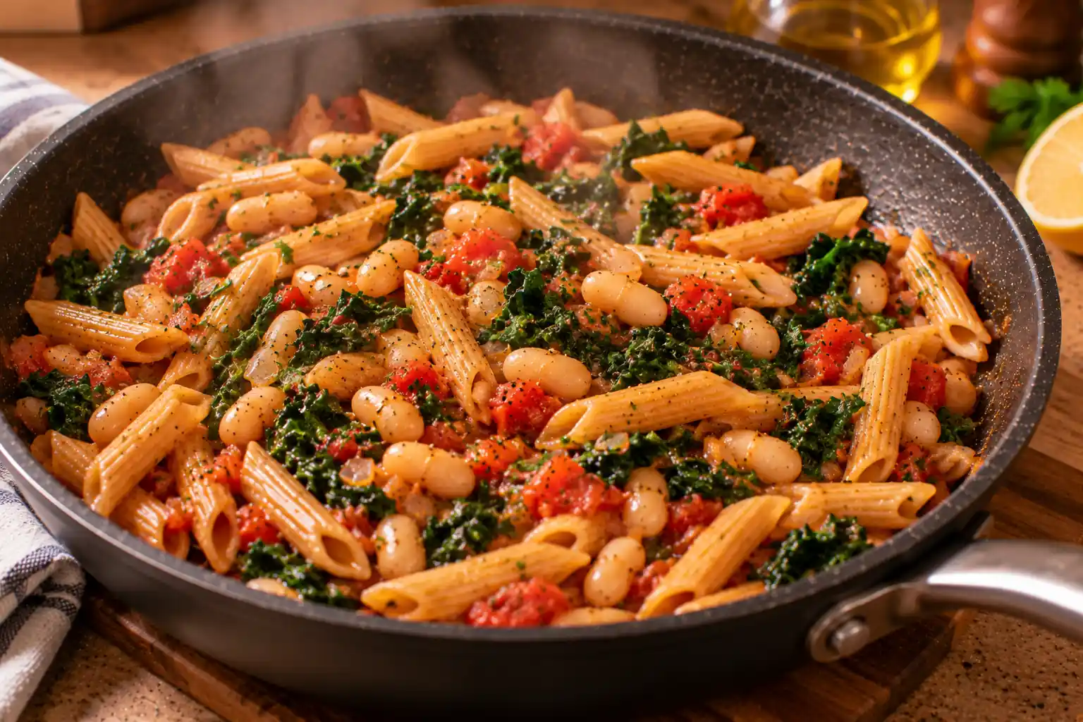 Step 7 of Whole-Grain Pasta with Tomatoes, Greens and Beans