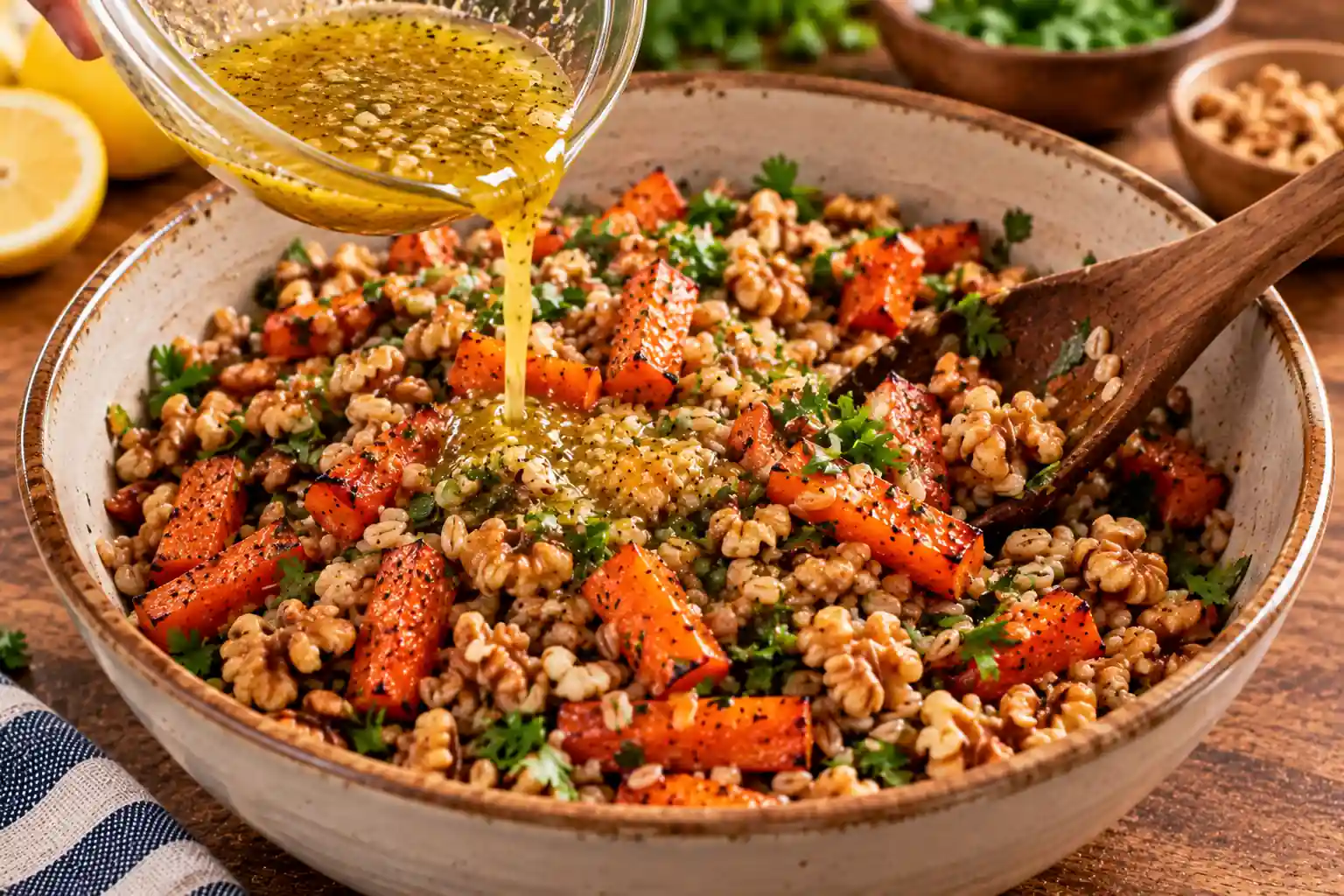 Step 8 of Warm Farro Salad with Roasted Carrots and Walnuts