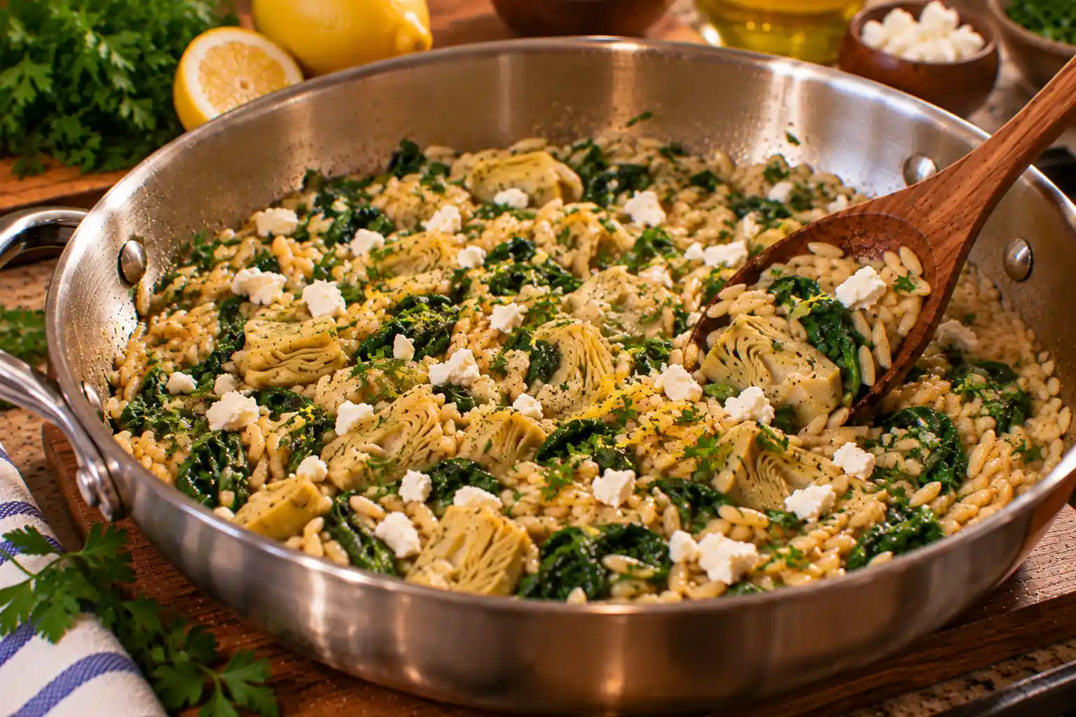 Step 8 of Mediterranean Orzo with Spinach, Artichokes and Lemon