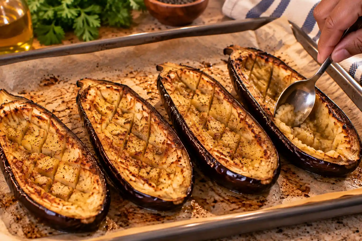 Step 8 of Stuffed Eggplant with Lentils, Tomatoes and Herbs