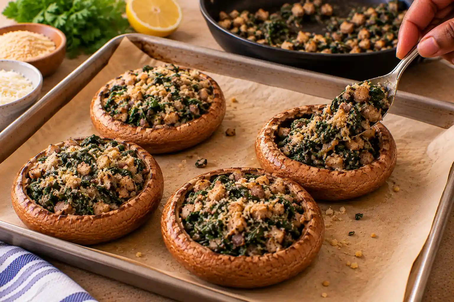 Step 8 of Mushroom and Spinach Stuffed Portobello Caps
