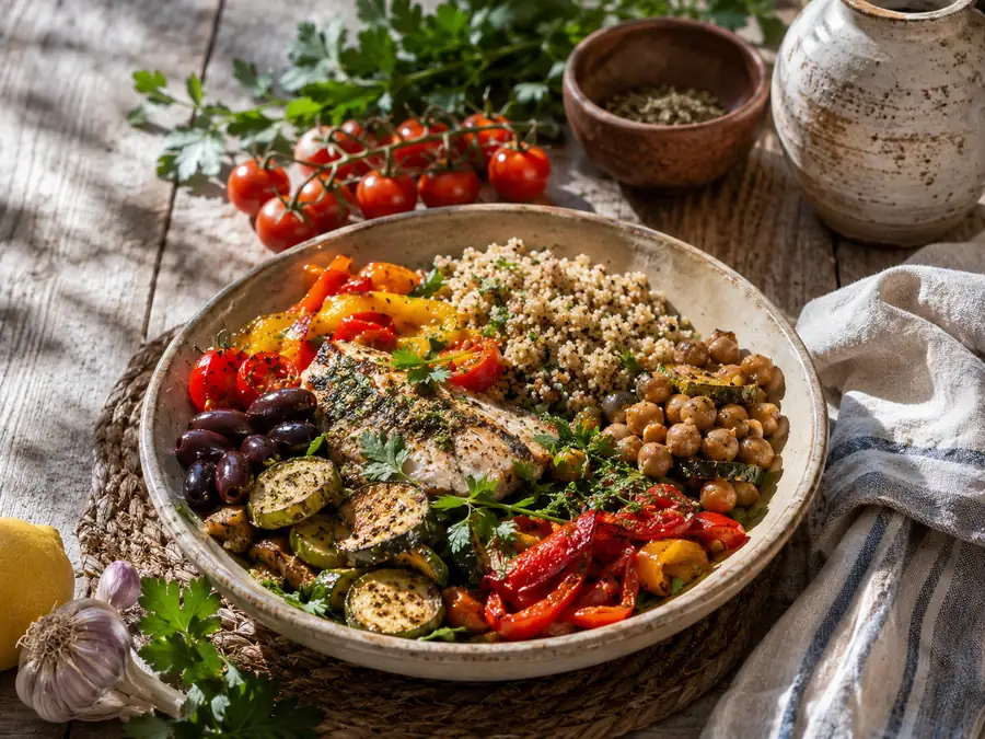 Healthy vegetable and bean meal inspired by longevity diets